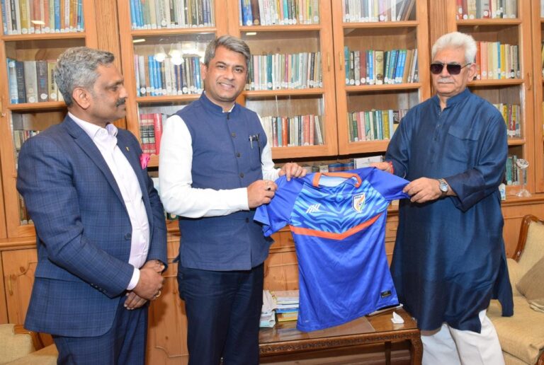 Lt Governor Shri Manoj Sinha meeting Sh Kalyan Chaubey, President All India Football Federation